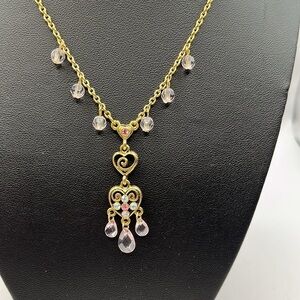 1928 Chandelier Necklace | Light PinkBeads  | Gold Tone | AB Rhinestones. Hearts